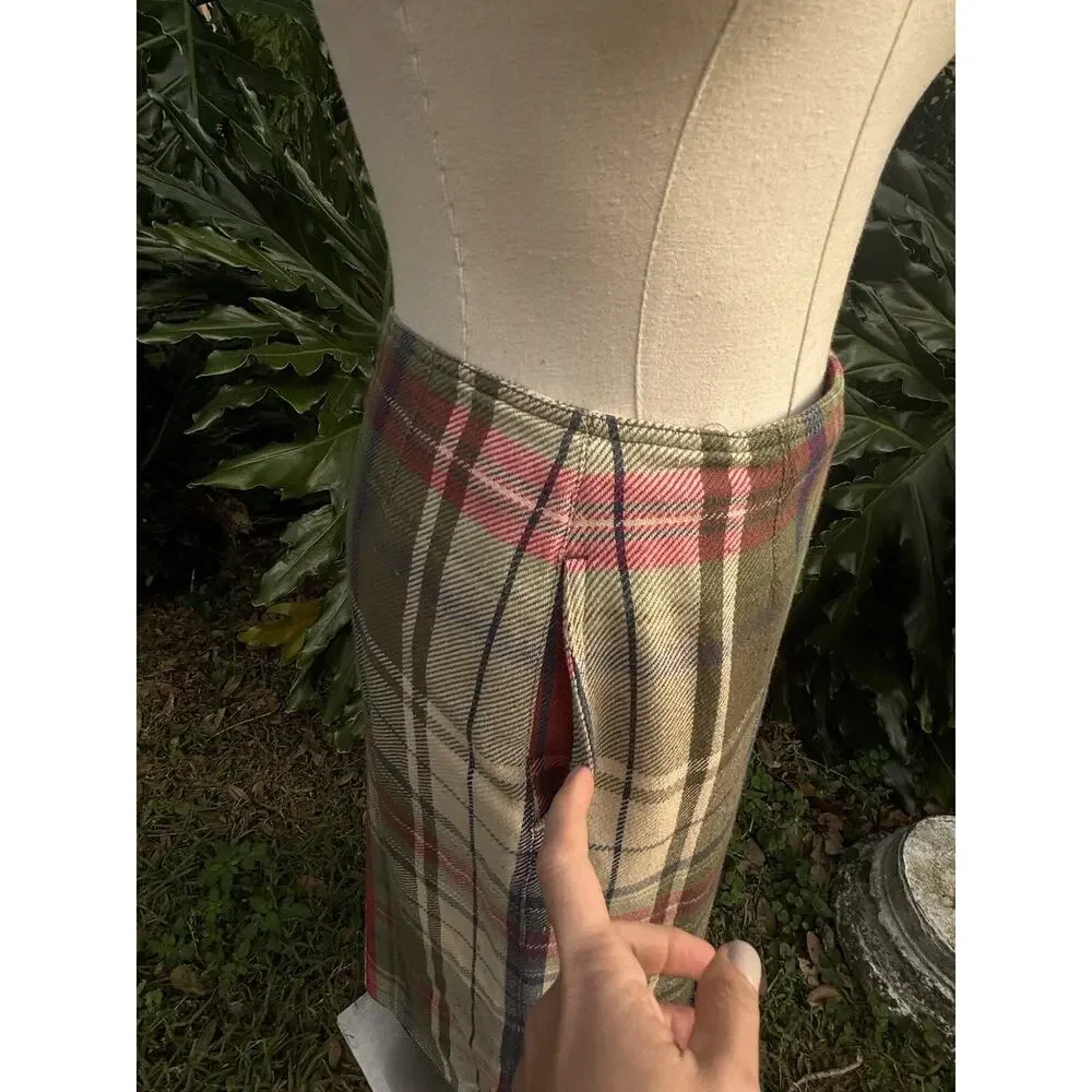 Vintage Liz Claiborne Plaid Wrap Skirt Green Red Fringe Academia Size 4 Holiday